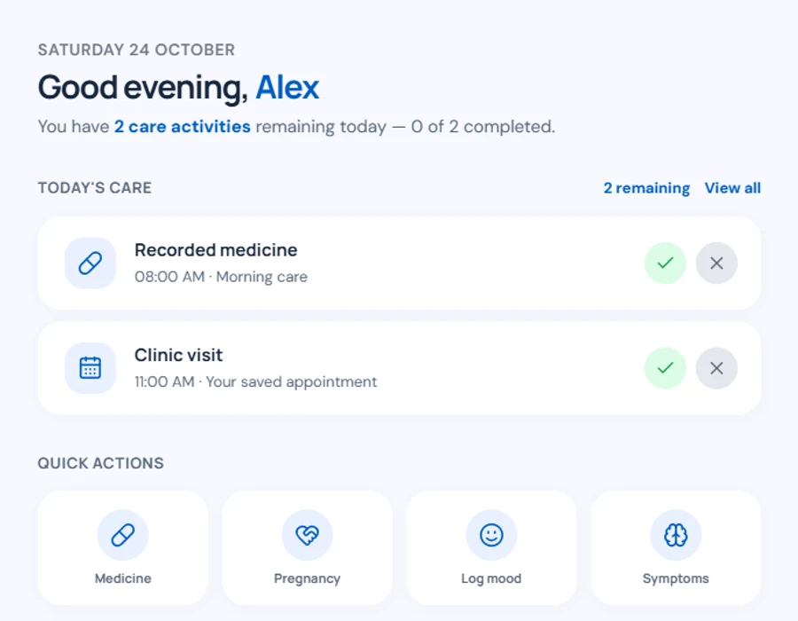 Vitals Today screen with fictional medicines and an appointment to show how the app works.